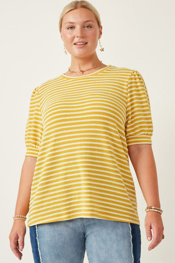 HY6996W Lavender Plus Textured Stripe Puff Sleeve Knit Top Front
